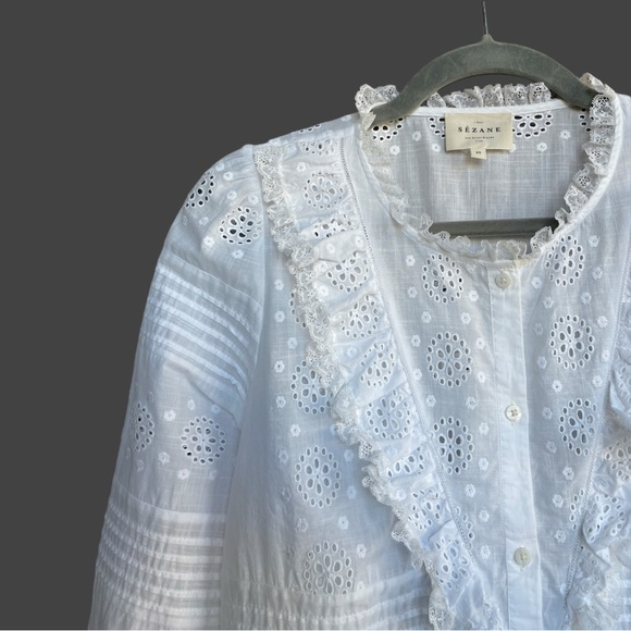 SEZANE White Floral Eyelet Embroidered Pleated Lace Ruffle Bell Sleeve Nele Top - Picture 12 of 17